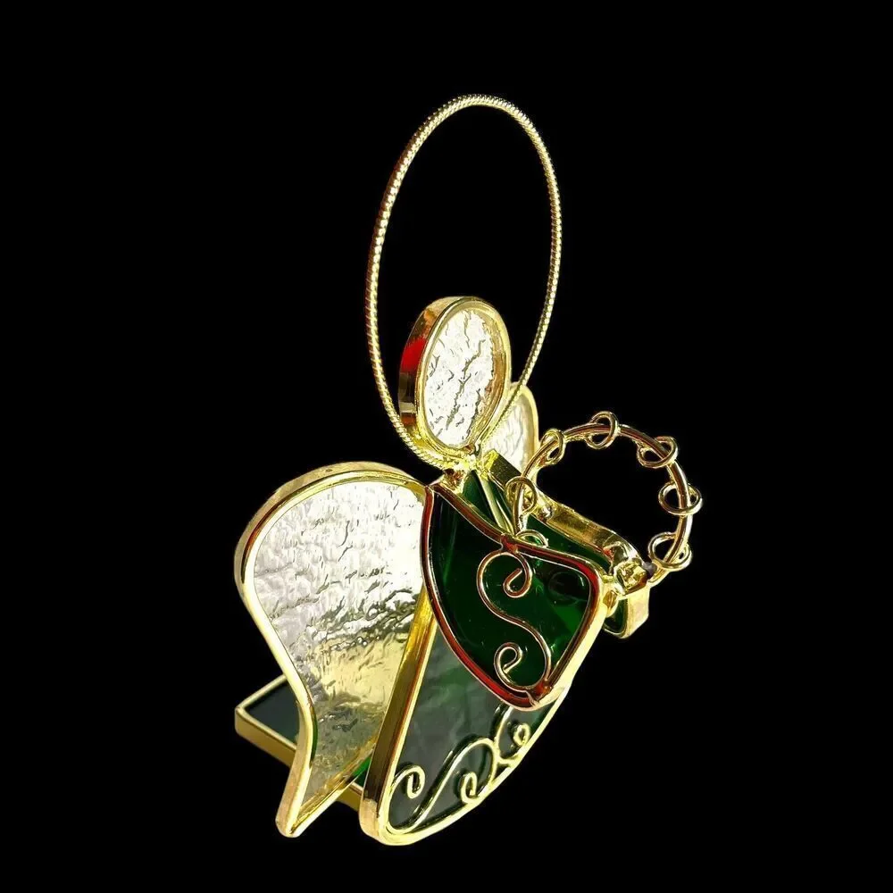 VTG Stained Glass Green & Gold Tone Metal Angel Tealight Votive Candle Holder